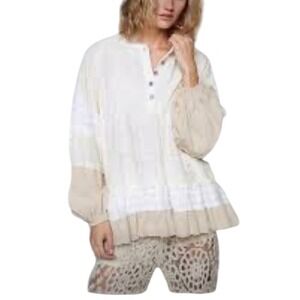 POL NWT Boho Tunic Top Women's Crochet Lace Hooded Button Up Blouse Cream Casual